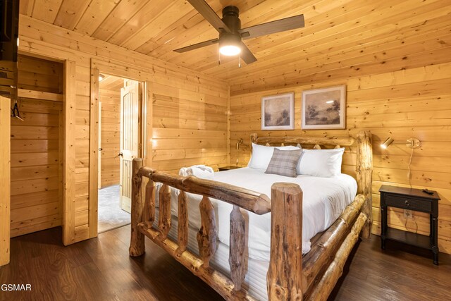 bedroom featuring wooden ceiling, dark hardwood / wood-style floors, and ceiling fan