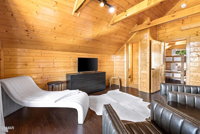 bedroom with wood ceiling, wood walls, dark hardwood / wood-style flooring, and lofted ceiling with beams