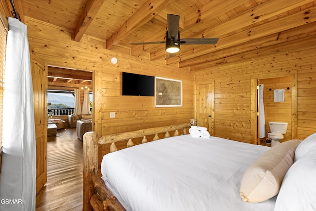 bedroom featuring wooden ceiling, beam ceiling, and wooden walls