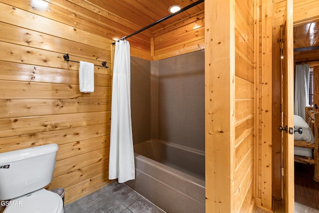 bathroom featuring toilet, shower / tub combo, wood ceiling, wooden walls, and tile patterned flooring