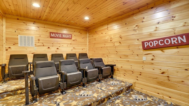 home theater with wood walls and wooden ceiling