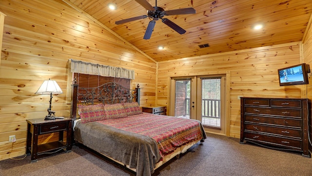 carpeted bedroom with ceiling fan, access to exterior, wooden ceiling, and vaulted ceiling