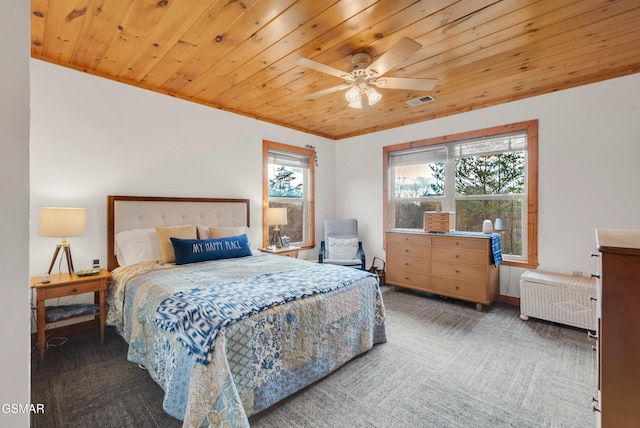 carpeted bedroom featuring ceiling fan and wooden ceiling