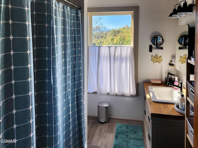 bathroom with wood-type flooring, vanity, and curtained shower