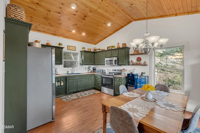 kitchen with wooden ceiling, green cabinets, pendant lighting, stainless steel appliances, and light hardwood / wood-style floors