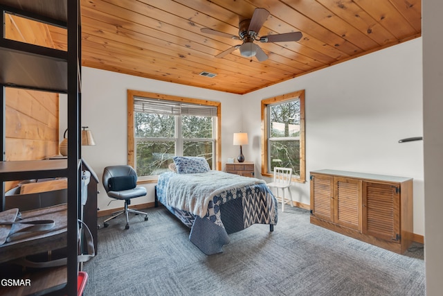 carpeted bedroom with wood ceiling