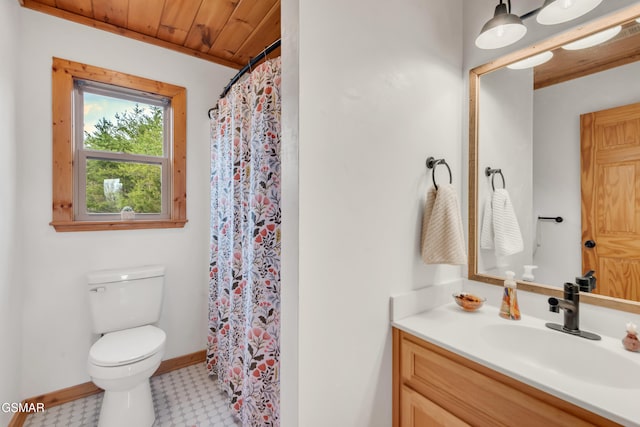 bathroom with walk in shower, vanity, toilet, and wooden ceiling