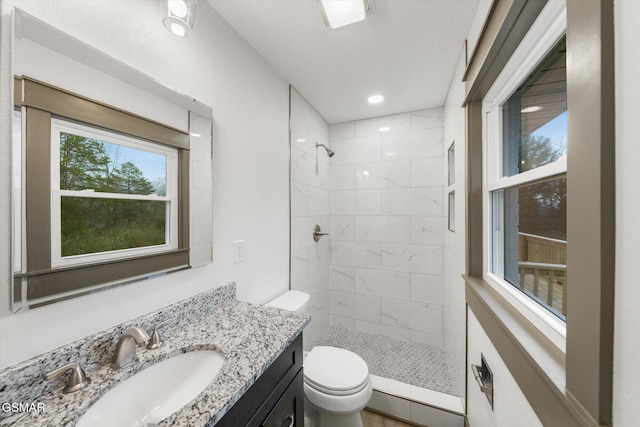 bathroom with vanity, a tile shower, and toilet