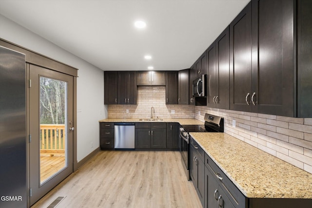 kitchen featuring a sink, visible vents, appliances with stainless steel finishes, light wood-type flooring, and decorative backsplash