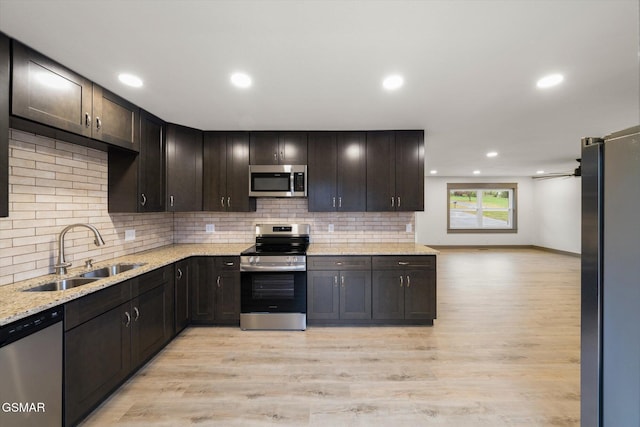 kitchen featuring recessed lighting, stainless steel appliances, a sink, backsplash, and light wood finished floors