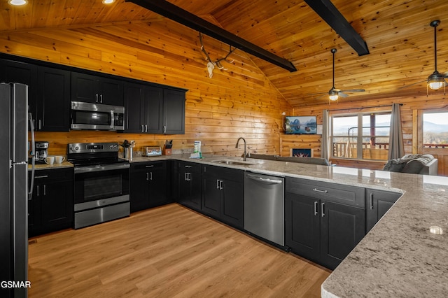 kitchen with appliances with stainless steel finishes, wood ceiling, wooden walls, and pendant lighting