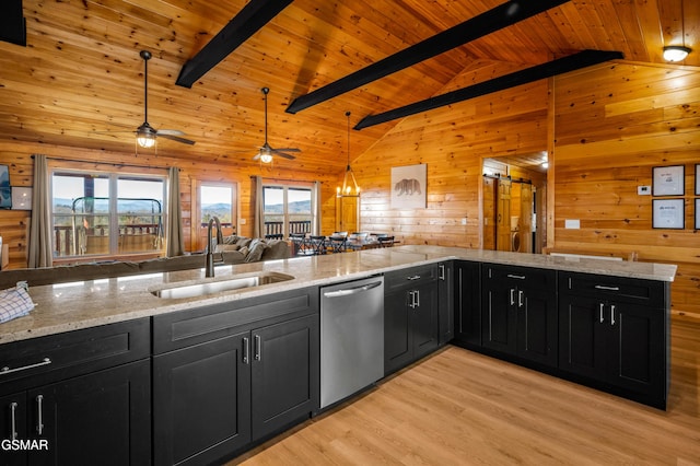 kitchen with wooden ceiling, beamed ceiling, pendant lighting, stainless steel dishwasher, and sink