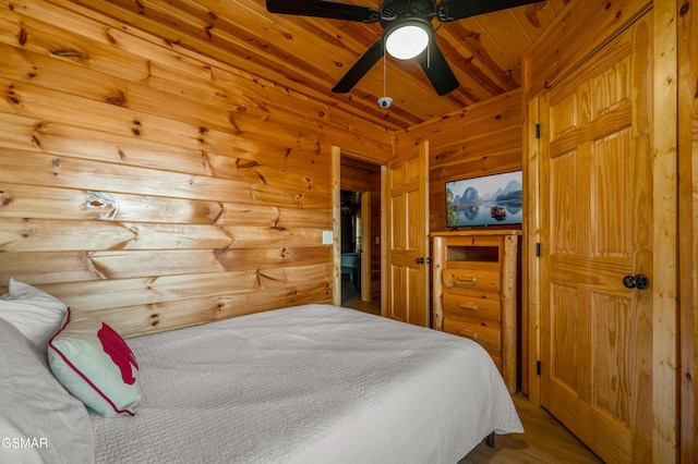 bedroom featuring ceiling fan and wooden ceiling