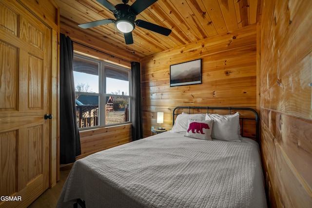 bedroom with ceiling fan, wooden ceiling, and wood walls