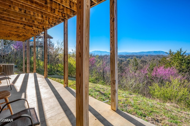 view of patio / terrace featuring a mountain view