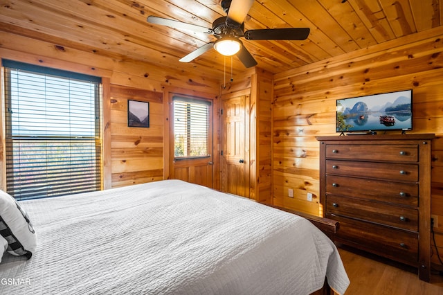 bedroom with ceiling fan, wood walls, and wood ceiling