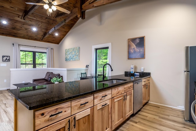 kitchen with dark stone countertops, sink, wood ceiling, and stainless steel appliances