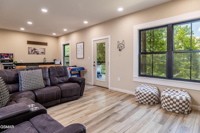 living room featuring light hardwood / wood-style flooring and sink