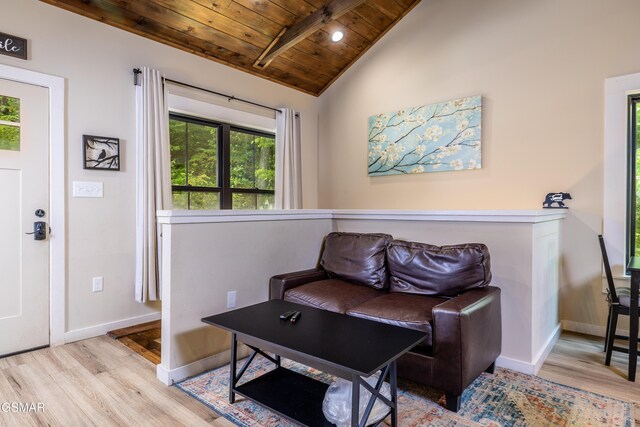 living area with light hardwood / wood-style flooring, lofted ceiling, and wood ceiling