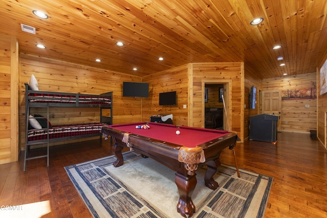 recreation room with hardwood / wood-style flooring, wood walls, wood ceiling, and pool table