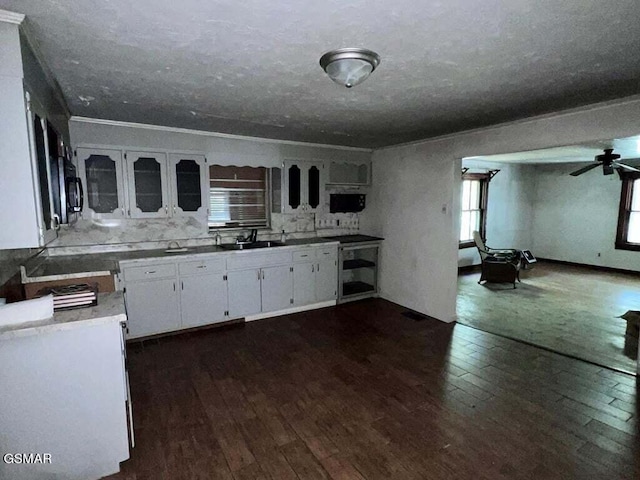 kitchen with white cabinetry, dark hardwood / wood-style flooring, ceiling fan, and sink