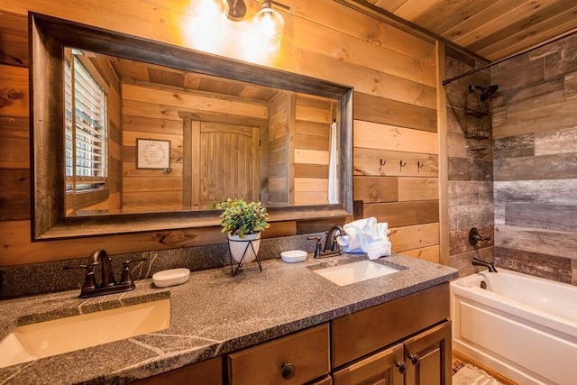 bathroom with wood walls and wood ceiling