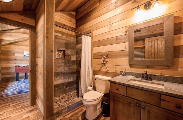 bathroom featuring wooden ceiling, wood walls, vaulted ceiling, toilet, and a shower with shower curtain