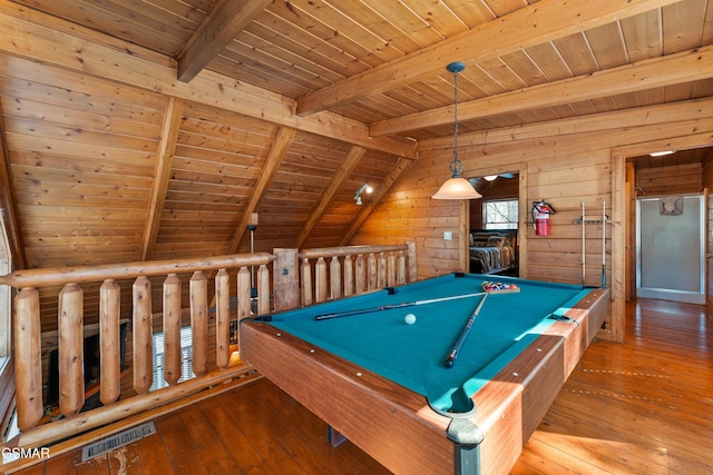 rec room featuring wood ceiling, wood-type flooring, and visible vents