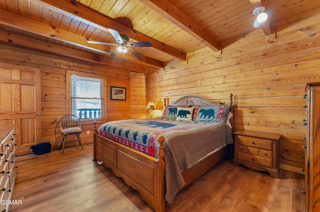 bedroom featuring wooden ceiling, light wood-style floors, beamed ceiling, and wood walls