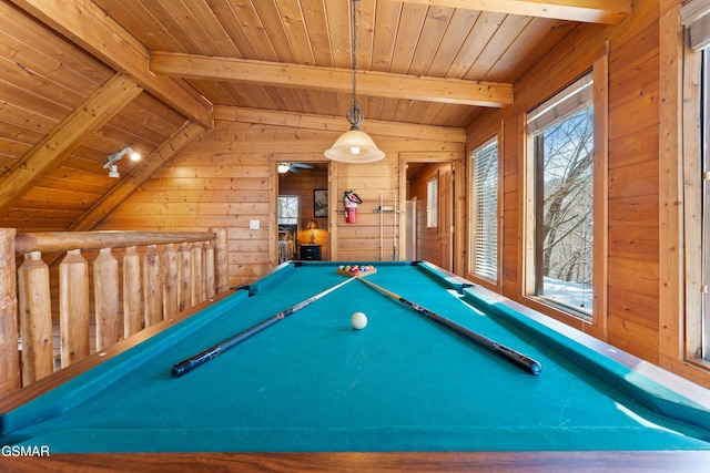 game room featuring vaulted ceiling with beams, wooden ceiling, billiards, and wooden walls