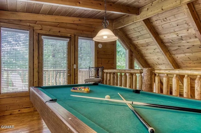 rec room featuring lofted ceiling with beams, wood ceiling, and a healthy amount of sunlight