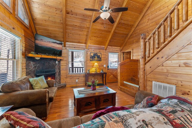 dining room with wood ceiling, wood walls, and lofted ceiling with beams