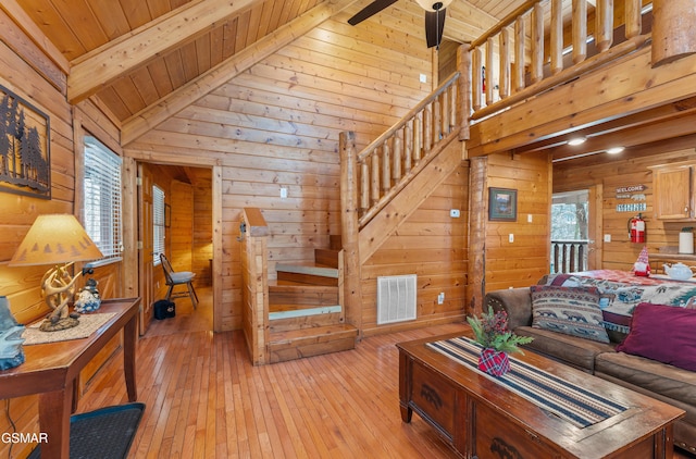 living room featuring wood walls, wood ceiling, visible vents, stairway, and beam ceiling