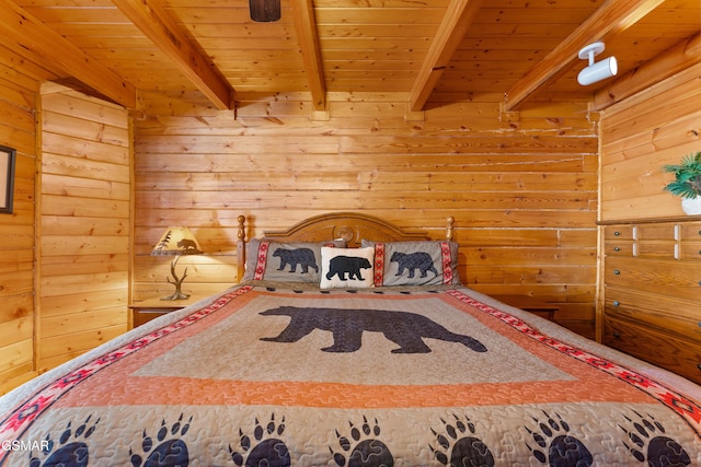 bedroom featuring wood ceiling, beamed ceiling, and wooden walls