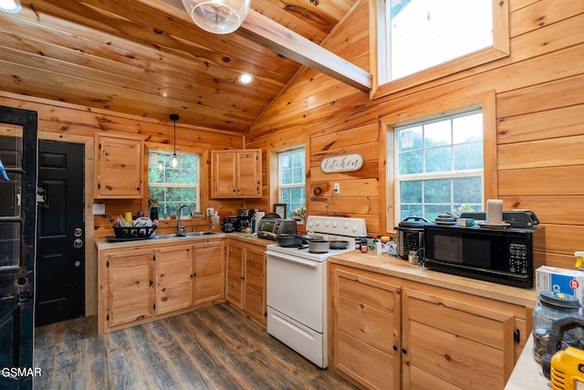 kitchen featuring dark wood-type flooring, sink, decorative light fixtures, white range with electric cooktop, and lofted ceiling