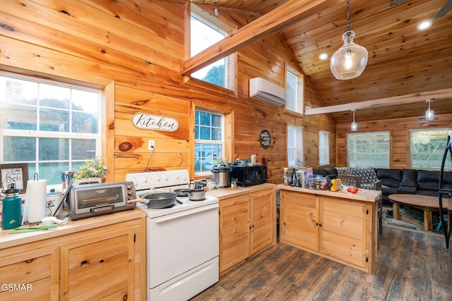 kitchen featuring electric range, a wall mounted air conditioner, dark hardwood / wood-style flooring, high vaulted ceiling, and decorative light fixtures