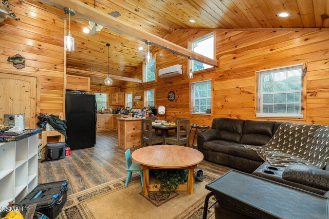 living room featuring wooden ceiling, dark hardwood / wood-style flooring, high vaulted ceiling, a wall unit AC, and wooden walls