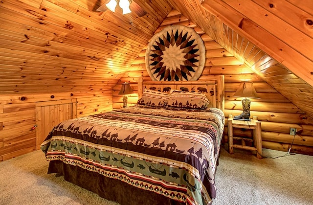 carpeted bedroom with ceiling fan, log walls, and wood ceiling