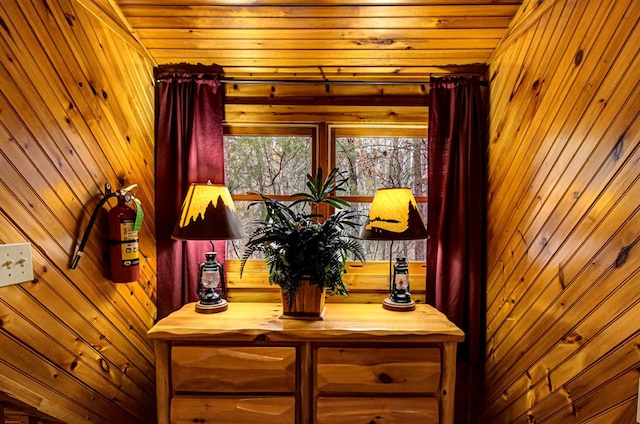 interior details with wood ceiling and wooden walls