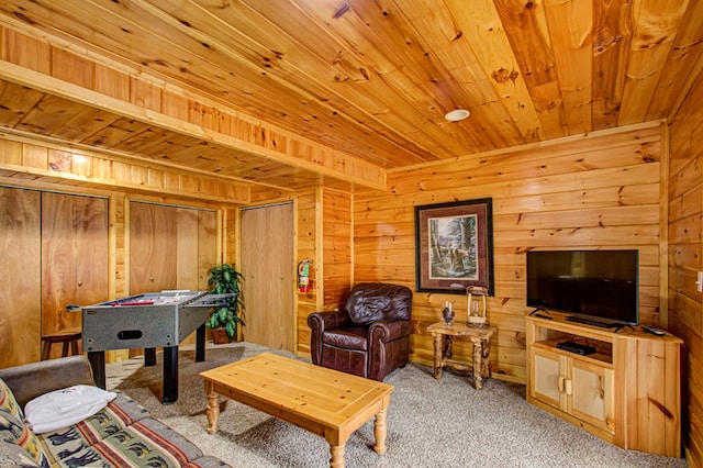 interior space featuring carpet flooring and wooden walls