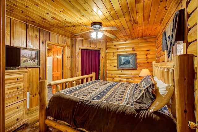 bedroom featuring rustic walls and wood ceiling