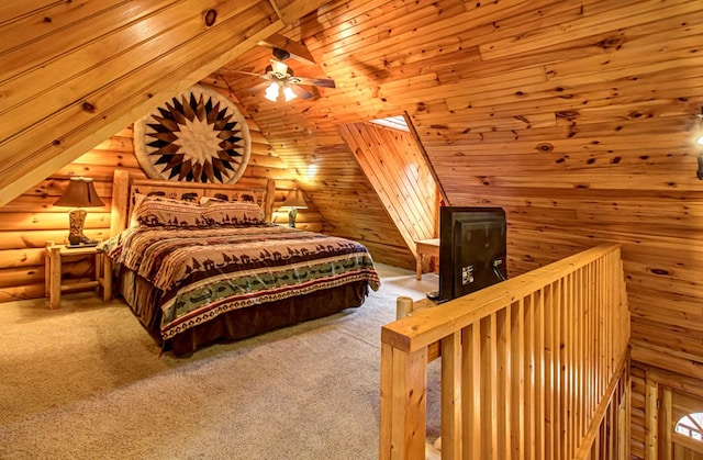 bedroom featuring carpet floors, ceiling fan, log walls, and lofted ceiling