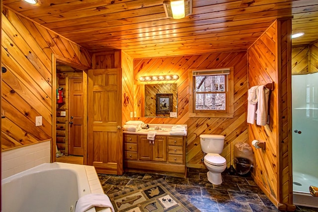 bathroom featuring a bath, toilet, wood walls, and wood ceiling