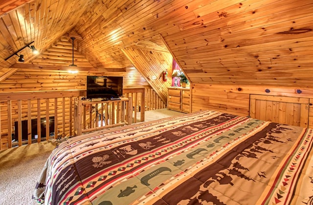 bedroom with carpet, rustic walls, vaulted ceiling, wooden walls, and wooden ceiling