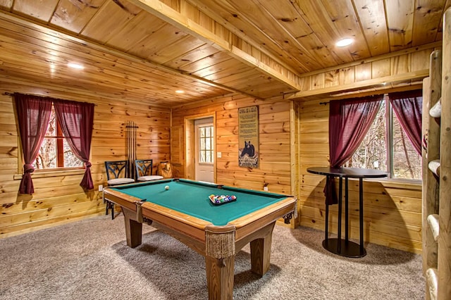 game room featuring wood walls, carpet floors, pool table, and wooden ceiling