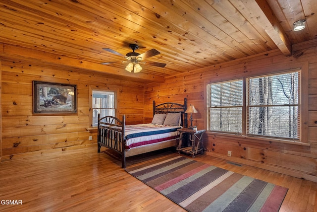 bedroom featuring wooden ceiling, light wood finished floors, wooden walls, and multiple windows