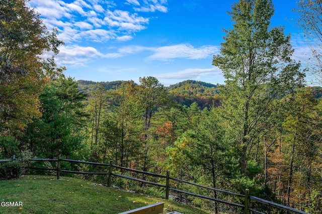 property view of mountains featuring a forest view