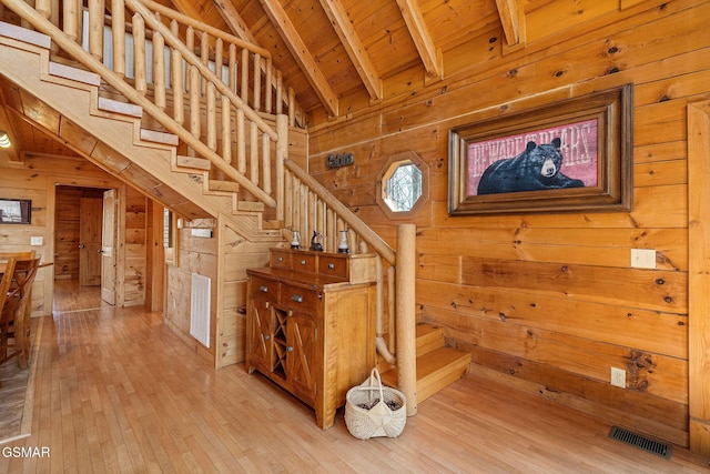 stairway with wooden walls, wood ceiling, visible vents, beam ceiling, and hardwood / wood-style floors