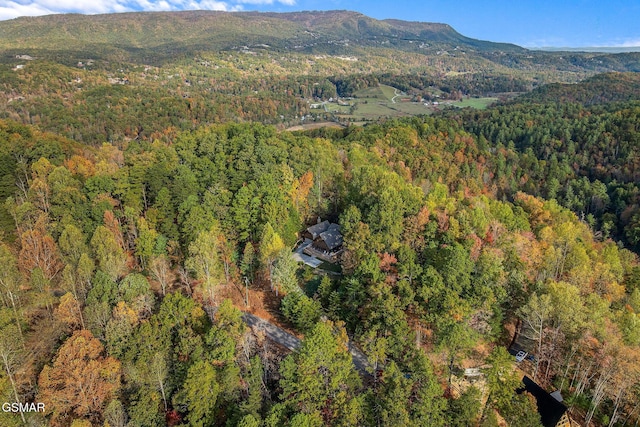 drone / aerial view with a wooded view and a mountain view