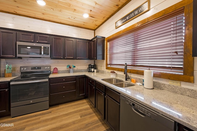 kitchen featuring sink, wood ceiling, dark brown cabinets, light hardwood / wood-style flooring, and appliances with stainless steel finishes